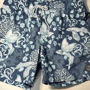 Psycho Tuna Men’s Medium Swim Shorts Pockets Blue Fish Sea Print